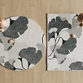 Round Carpet With Gray And White Leaf Pattern On Wooden Floor With Wooden Decorative Objects