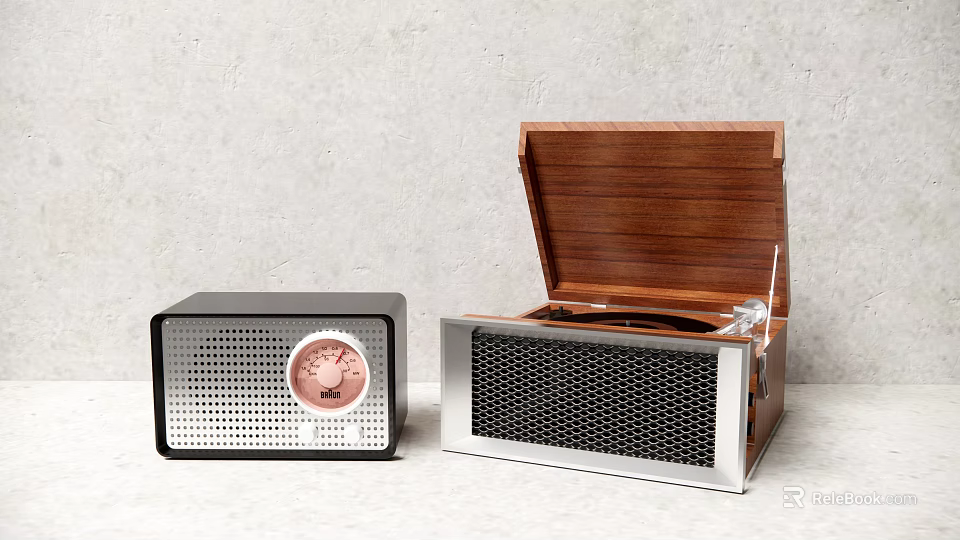Black And Wooden Vintage Audio Speakers With Mesh Front Panel And Open Lid Vinyl Record Feature 3d model 