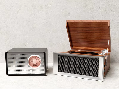 Black And Wooden Vintage Audio Speakers With Mesh Front Panel And Open Lid Vinyl Record Feature 3d model