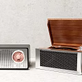 Black And Wooden Vintage Audio Speakers With Mesh Front Panel And Open Lid Vinyl Record Feature