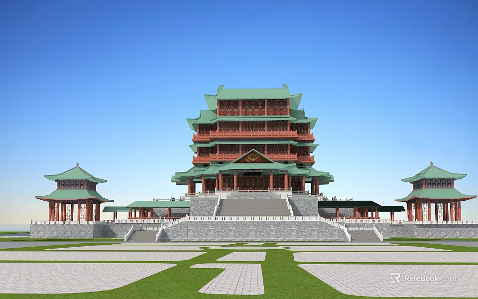 Ancient Chinese Architecture Traditional Multi story Pavilion With Green Roof And Red Structure 3d model 
