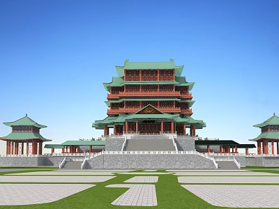 Ancient Chinese Architecture Traditional Multi story Pavilion With Green Roof And Red Structure 3d model