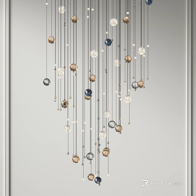 Modern Contemporary Chandelier Design With Hanging Spherical Glass Metal And Blue Accent Orbs 3d model 