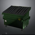 Green Wheeled Trash Bin With Black Lid And Warning Label