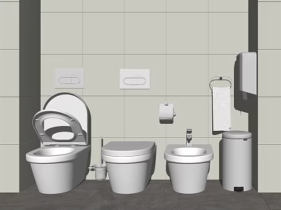 Modern Bathroom Interior With Toilet Bidet Trash Can And Sanitary Accessories Like Tissue Holder 3d model