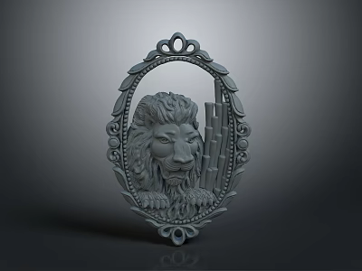 Intricately Carved Lion Head Design On Oval Decorative Plaque With Floral Patterns 3d model
