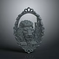 Intricately Carved Lion Head Design On Oval Decorative Plaque With Floral Patterns