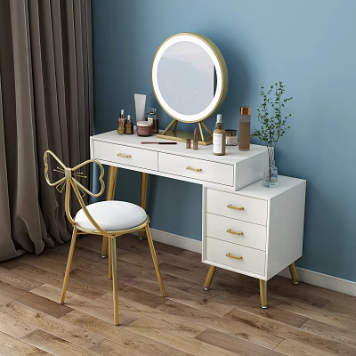 Elegant White Dressing Table With Gold Legs Round Mirror Cosmetics And Small Plant 3d model