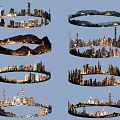 Stunning Circular City Night Silhouettes With Mountain Ranges And Building Outlines