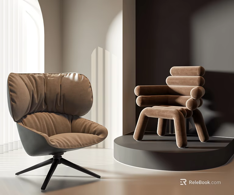 Stylish Modern Lounge Chairs With Plush Velvet Seats And Unique Design In Bright Minimalist Interior 3d model 