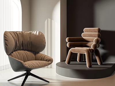 Stylish Modern Lounge Chairs With Plush Velvet Seats And Unique Design In Bright Minimalist Interior 3d model