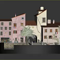 Charming Residential Buildings With Pink Walls Red Roofs Arched Doorways Small Stream And Green Tree