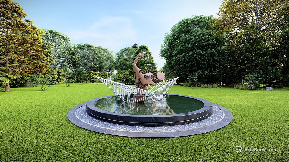 Human Sculpture with Raised Hands Wing Like Structure in Round Fountain Pool on Green Lawn 3d model 