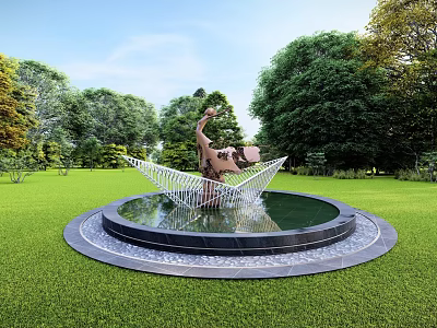 Human Sculpture with Raised Hands Wing Like Structure in Round Fountain Pool on Green Lawn 3d model