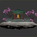 Traditional Pavilion Featuring Green Roof Pink Flowering Trees Steps And Water Pool On White Platform