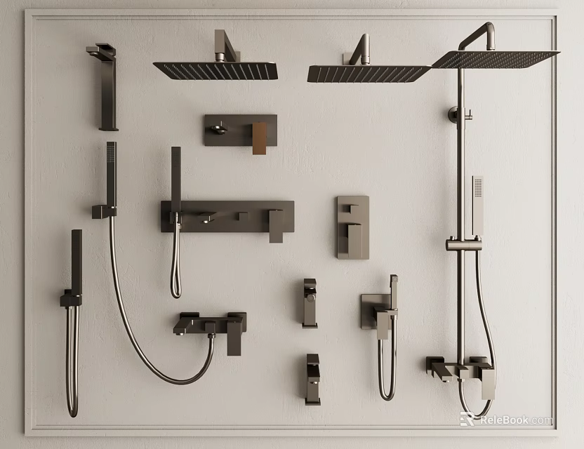 Various Modern Shower Head Designs and Bathroom Fixture Components on 3d model 