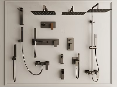 Various Modern Shower Head Designs and Bathroom Fixture Components on 3d model