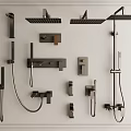 Various Modern Shower Head Designs and Bathroom Fixture Components on 3d model