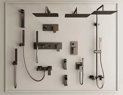Various Modern Shower Head Designs and Bathroom Fixture Components on 3d model