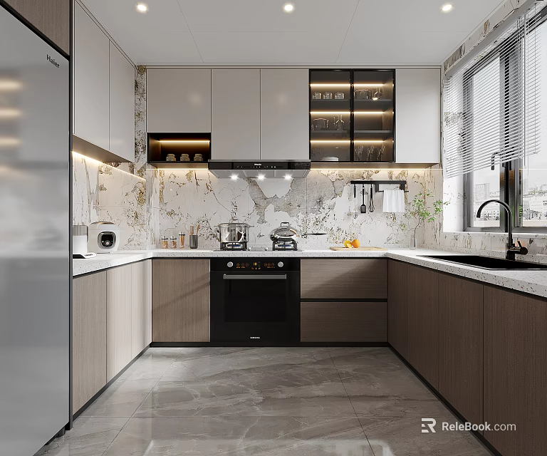 Modern Kitchen Interior Design With Stainless Steel Refrigerator Stone Backsplash And Cabinets 3d model 