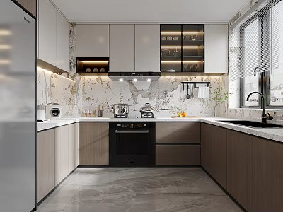 Modern Kitchen Interior Design With Stainless Steel Refrigerator Stone Backsplash And Cabinets 3d model
