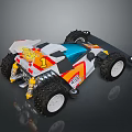 Toy Off Road Car With Large Tires White Blue Orange Body And Yellow Graphics