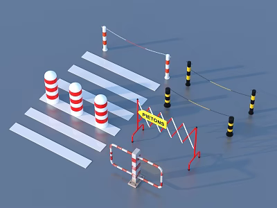 Road Safety Equipment Setup With Red White Barriers Caution Tape And STOP OUT Sign 3d model