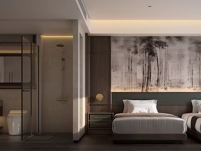 Modern Luxury Hotel Room With Two Beds Ink Bamboo Wall Wooden Furniture And Glass Shower 3d model