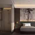 Modern Luxury Hotel Room With Two Beds Ink Bamboo Wall Wooden Furniture And Glass Shower