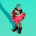 Woman With Turquoise Hair In Black White Top And Pink Skirt Against Pink Background