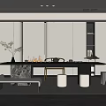 Modern Tea Room Interior With Long Table Tea Sets Marble Bench And Metal Stools 3d model