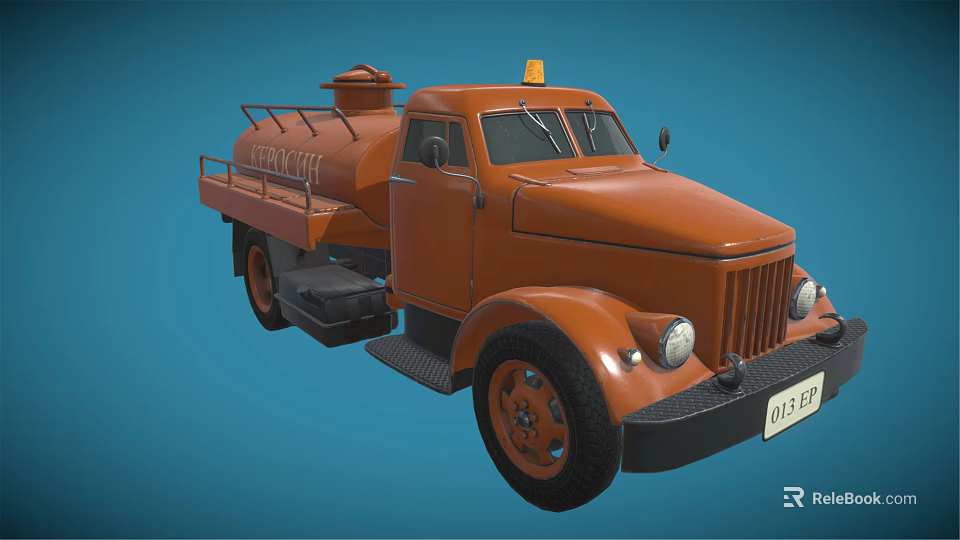 Vintage Orange Oil Truck With Yellow Warning Light On Blue Background 3d model 