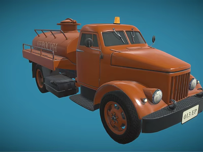 Vintage Orange Oil Truck With Yellow Warning Light On Blue Background 3d model
