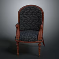 Classic Rattan Frame Leisure Chair with Dark Patterned Fabric and Wooden Legs