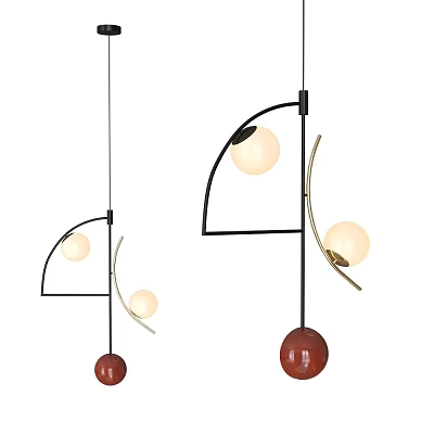 Modern Pendant Lights With Black Curved Frame Gold Accents White And Red Glass Globes 3d model