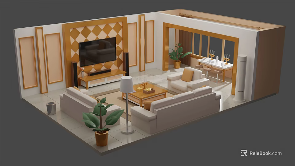 Modern Living Room Interior Design With Diamond Pattern TV Wall Sofa Coffee Table And Plants 3d model 