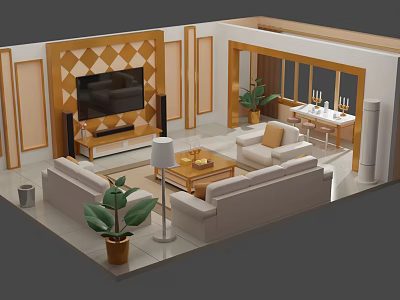 Modern Living Room Interior Design With Diamond Pattern TV Wall Sofa Coffee Table And Plants 3d model