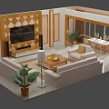 Modern Living Room Interior Design With Diamond Pattern TV Wall Sofa Coffee Table And Plants