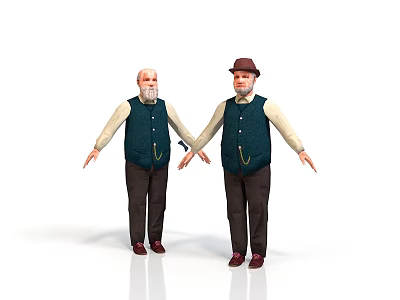 Two Elderly Men Standing Together In Blue Vests And Brown Pants On White Background 3d model