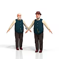 Two Elderly Men Standing Together In Blue Vests And Brown Pants On White Background