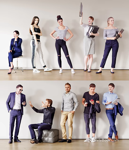 Group of People in Casual Formal and Sporty Outfits with Different Poses Standing and Sitting 3d model 