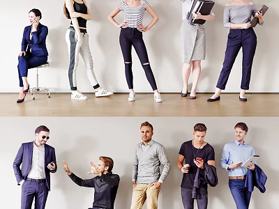Group of People in Casual Formal and Sporty Outfits with Different Poses Standing and Sitting 3d model