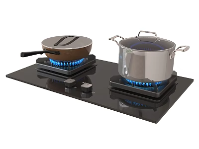 Modern Black Gas Stove With Blue Flame And Cooking Pots For Kitchen 3d model