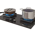 Modern Black Gas Stove With Blue Flame And Cooking Pots For Kitchen
