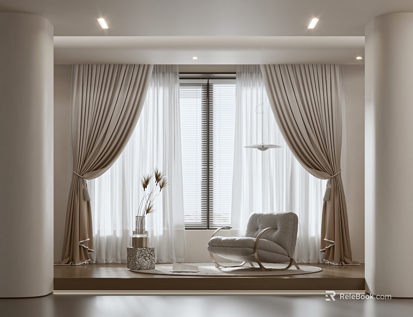 Modern Beige Curtains Design For Window With Elegant Chair And Decor 3d model 