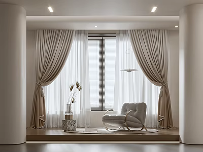 Modern Beige Curtains Design For Window With Elegant Chair And Decor 3d model