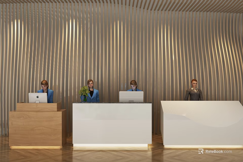 Modern Reception Desk Design With Wood And White Finishes Vertical Stripe Wall And Staff 3d model 