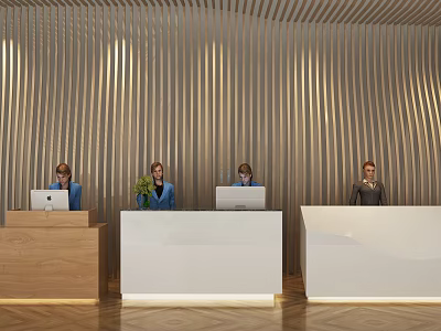 Modern Reception Desk Design With Wood And White Finishes Vertical Stripe Wall And Staff 3d model