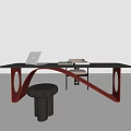 Modern Office Desk With Black Tabletop Red Curved Frame Laptop Beige Chair And Black Stool