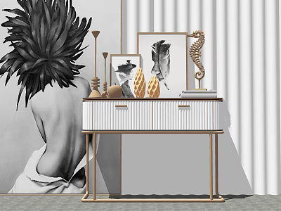 Modern Entryway Interior With White Gold Frame Console Cabinet And Framed Art Decorative Vases 3d model